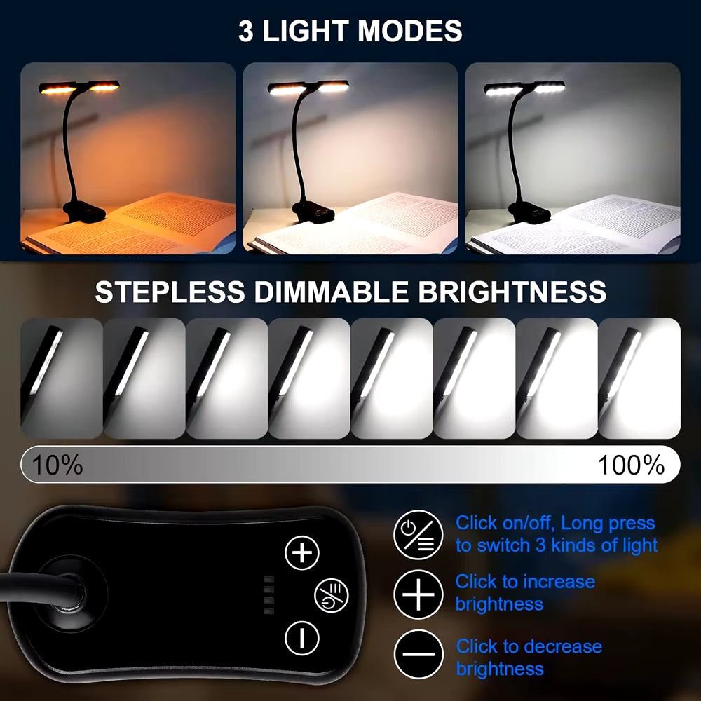 14 LED Clip on Book Light 3 Colors 8 Brightness USB Rechargeable Night Light Portable Reading Light Book Lamp