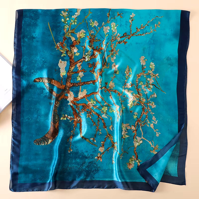 Luxury Silk Scarf Women Designer Van Gogh Oil Painting Tree Silk Shawls Pashmina Ladies Wraps Scarves Foulard New