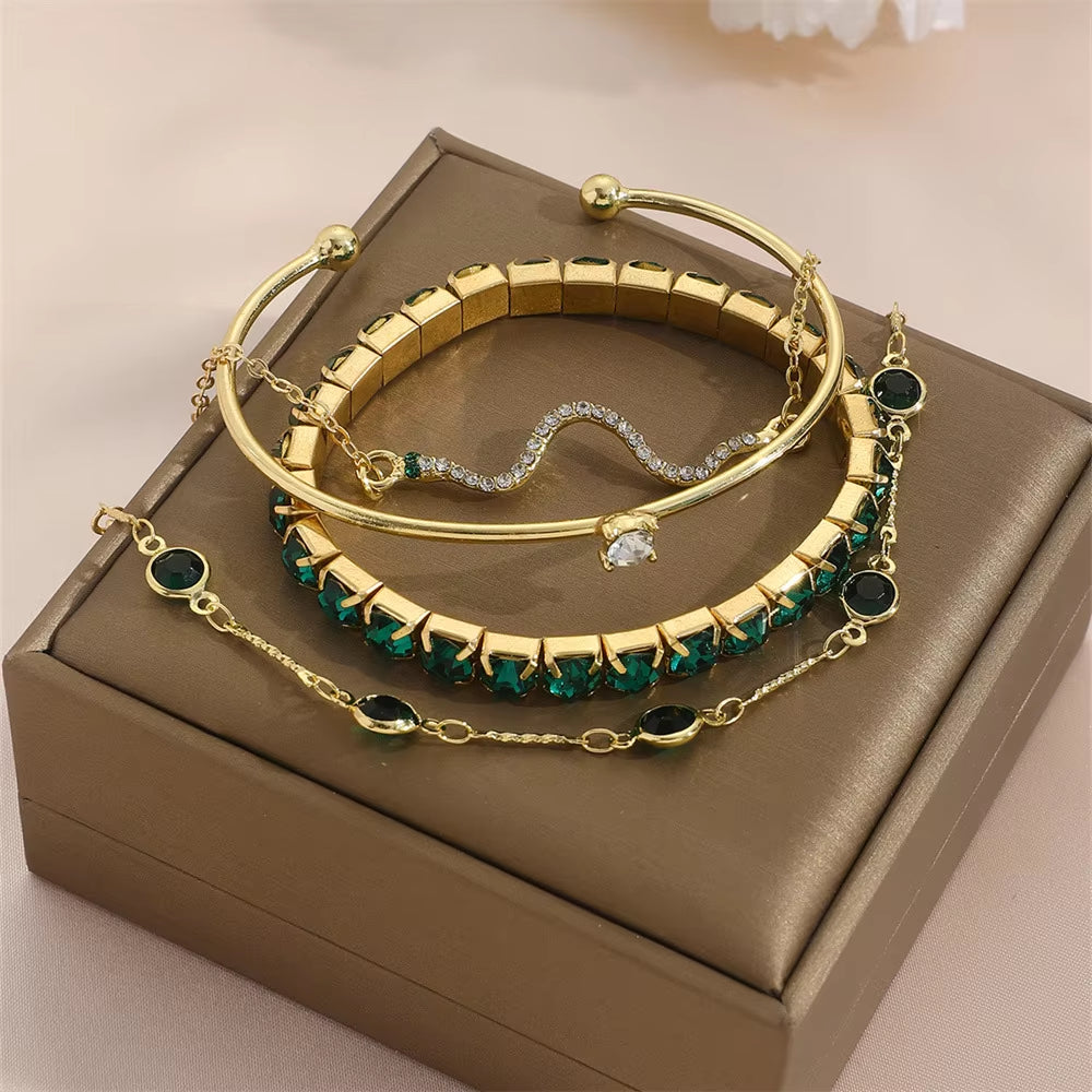 4Pcs/Set Fashion Snake Green Gemstone Bangle Rhinestone Full Metal Bracelet for Women Birthday Party Christmas Gift Jewerly