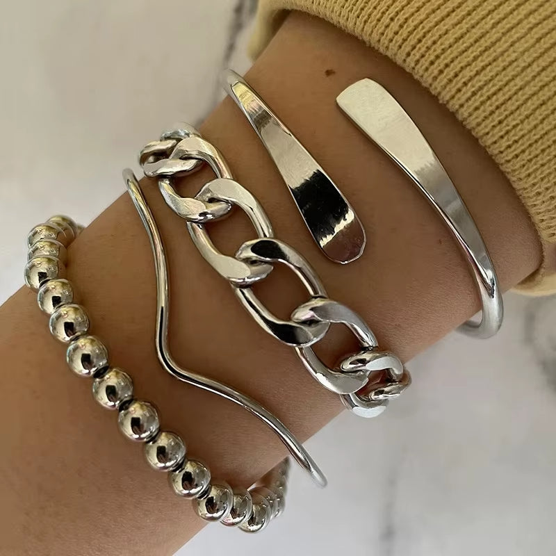 4Pcs Punk Curb Cuban Chain Bracelets Set for Women Simple Thick Gold Color Charm Bracelets Fashion Jewelry Accessories New