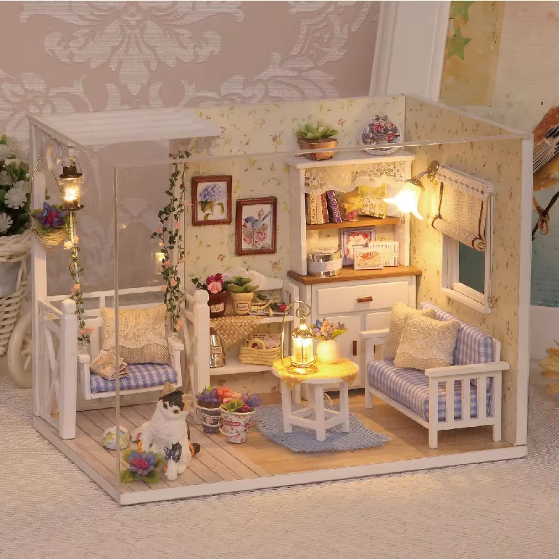 Kitten Mini Wooden Doll House Model Building Kits Toy Home Kit Creative Room Bedroom Decoration with Furniture for Birthday Gift