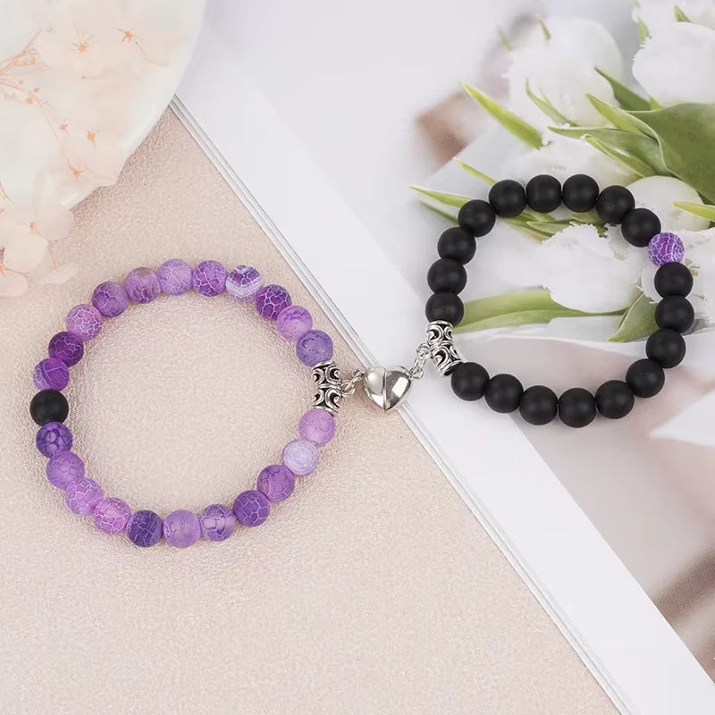 2Pcs/Set Beads Bracelet for Lovers Natural Stone Distance Heart Magnet Couple Bracelets Friendship Fashion Jewelry Gift