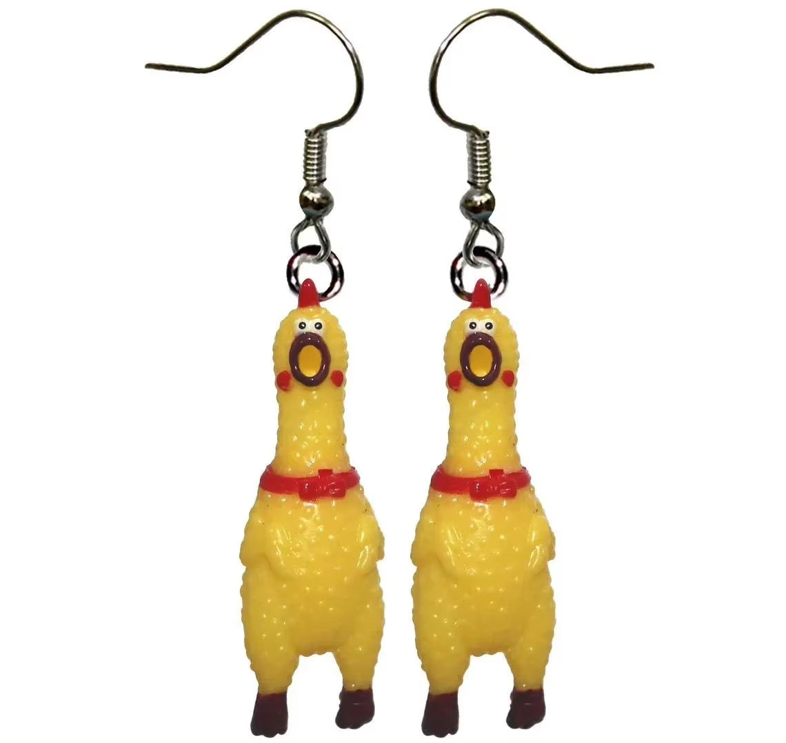 1Pair Squawking Rubber Chicken Earrings- Rooster Chick Novelty Gag Joke Jewelry