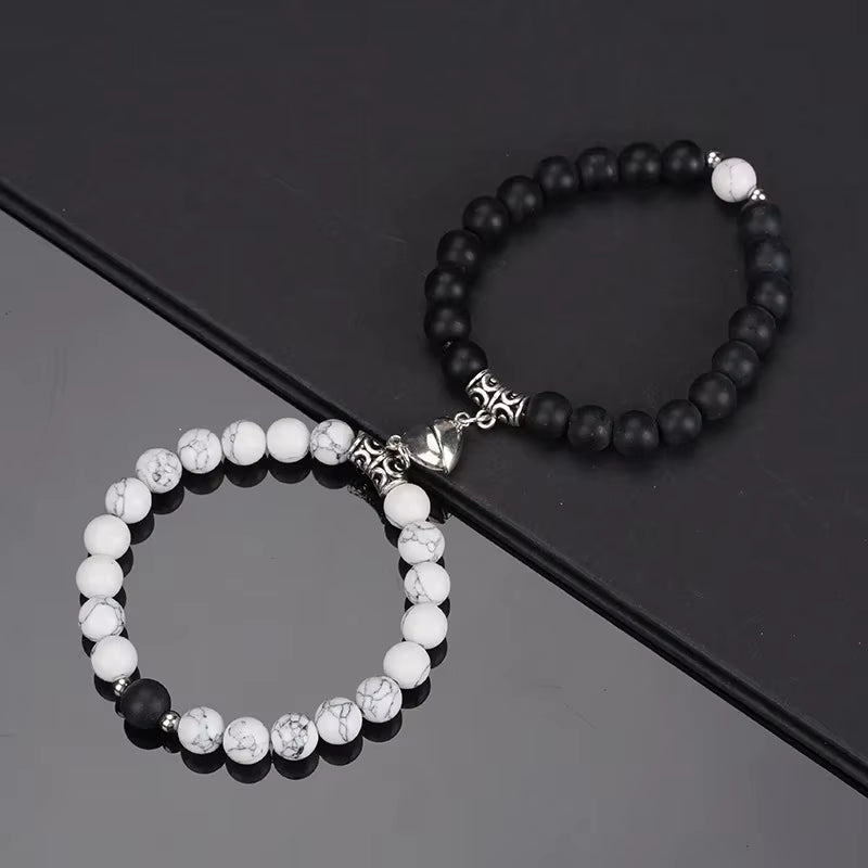 2Pcs/Set Beads Bracelet for Lovers Natural Stone Distance Heart Magnet Couple Bracelets Friendship Fashion Jewelry Gift