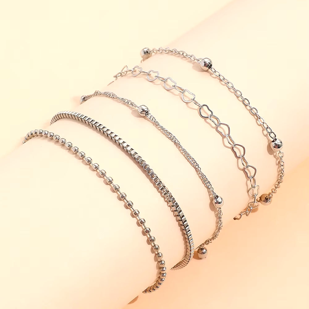 5Pcs/Set New Silver Color Multilayer Interlocking Hearts Bracelet Retro Bangle for Women Fine Fashion Jewelry Wedding Party Gift